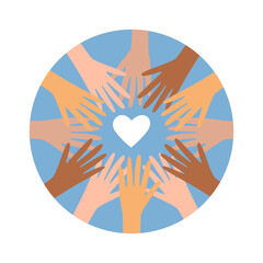 Circle of hands of diverse colors around heart. Vector icon.
