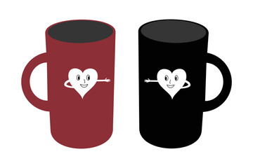 Two cups with cute hugging hearts inside. Vector cartoon.