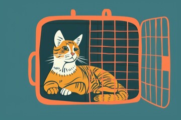 Serene ginger tabby cat resting comfortably inside an open pet carrier, enjoying a safe and cozy travel experience