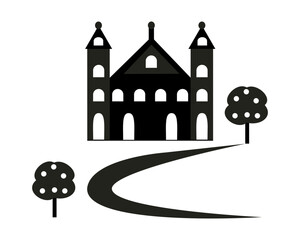 Black castle with trees and path. Vector silhouette art.