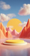 Product display podium background with mountains and sun illustration