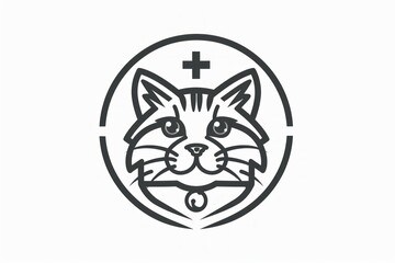 Simple line art logo featuring a cat's face, bell, and medical cross, ideal for veterinary or pet care branding