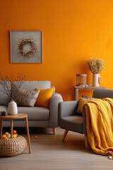 Living room design ideas orange wall gray sofa and yellow accents decor