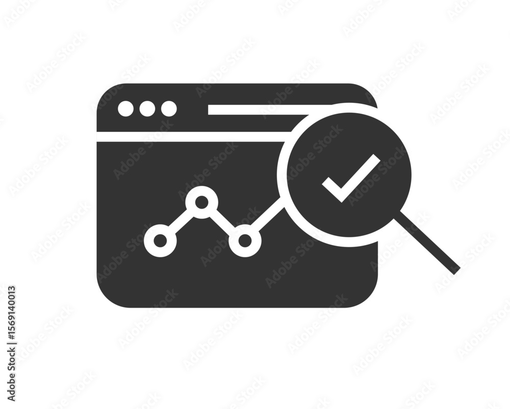 Poster website page performance analysis data check icon solid bold simple graphic pictogram, web site webp