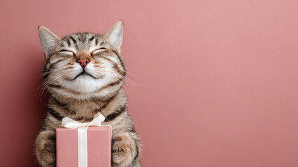 Funny cat holding gift box with happy expression