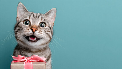 Funny cat holding gift box with happy expression