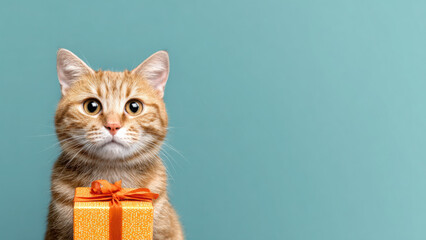 Funny cat holding gift box with happy expression