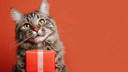 Funny cat holding gift box with happy expression