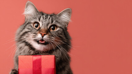 Funny cat holding gift box with happy expression