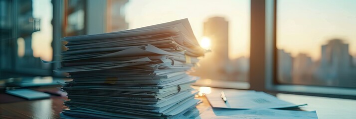 A large stack of papers and documents in the office on the desk. Accounting documents, tax reports.
