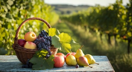 Fine estate ed autunno: cesto di uva, mele e pere, sullo sfondo vigna e terrazza