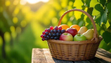 Fine estate ed autunno: cesto di uva, mele e pere, sullo sfondo vigna e terrazza