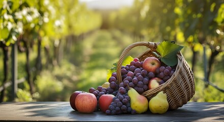 Fine estate ed autunno: cesto di uva, mele e pere, sullo sfondo vigna e terrazza