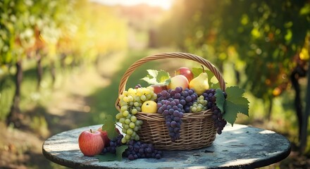 Fine estate ed autunno: cesto di uva, mele e pere, sullo sfondo vigna e terrazza