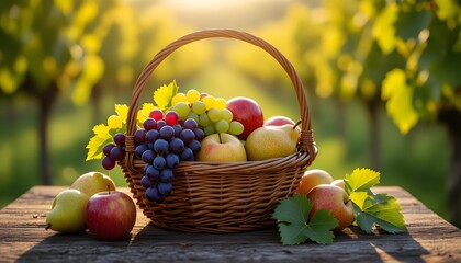 Fine estate ed autunno: cesto di uva, mele e pere, sullo sfondo vigna e terrazza