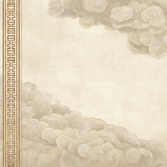 A white background with a gold border and clouds