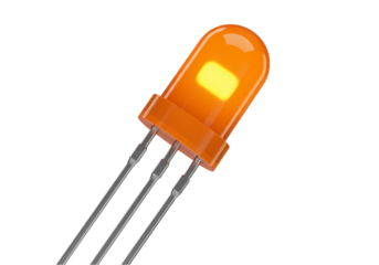 Glowing Amber LED CloseUp View of a 5mm Light Emitting Diode isolated on transparent baackground