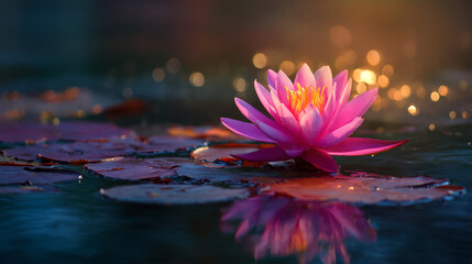 lotus flower floating in lake with sunlight	
