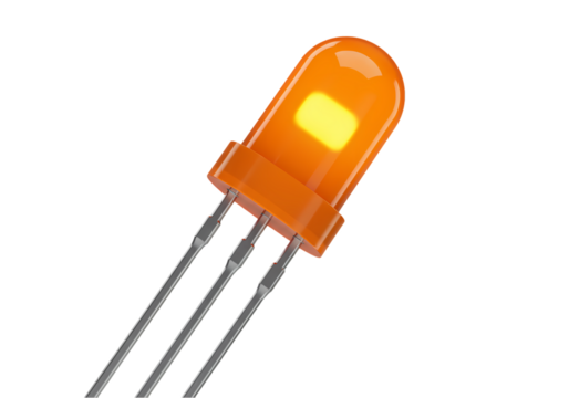 Glowing Amber LED CloseUp View of a 5mm Light Emitting Diode isolated on transparent baackground
