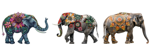 elephants decorated with floral ornaments art on transparent background