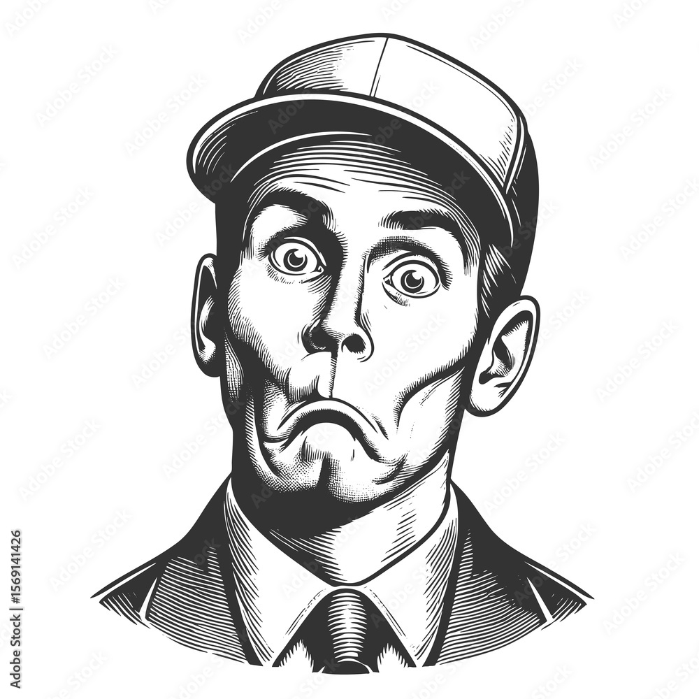 Poster man in a baseball cap making a confused or exaggerated surprised expression sketch engraving generat