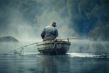Elderly fisherman working alone in traditional wooden rowboat while fog hovers over calm lake waters