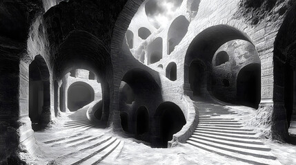 Ancient stone staircases and arches create a mysterious underground labyrinth in black and white.