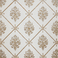 A floral patterned wall covering with a gold border