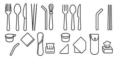 Collection of utensils and napkins. The utensils include a fork, knife, spoon, and a cup. The napkins are folded and placed on a table