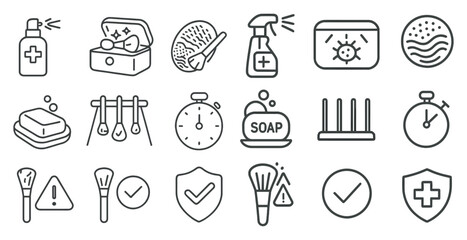 Set of icons for various bathroom items, including a clock, soap, and a brush. The icons are all in black and white and are arranged in a grid