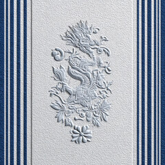 A white and blue striped background with a dragon on it