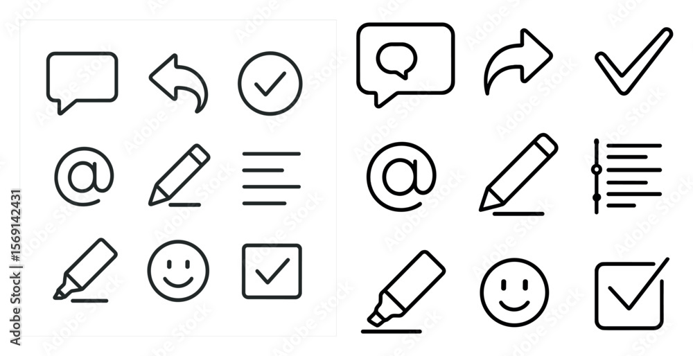 Poster set of icons for a computer program. the icons include a smiley face, a check mark, a pencil, a smil