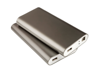 Sleek metallic power banks isolated on a transparent background