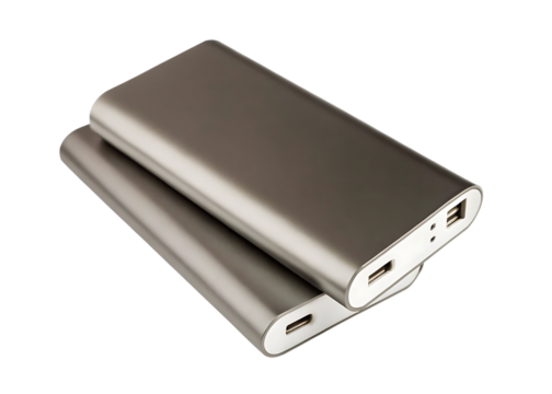 Sleek metallic power banks isolated on a transparent background