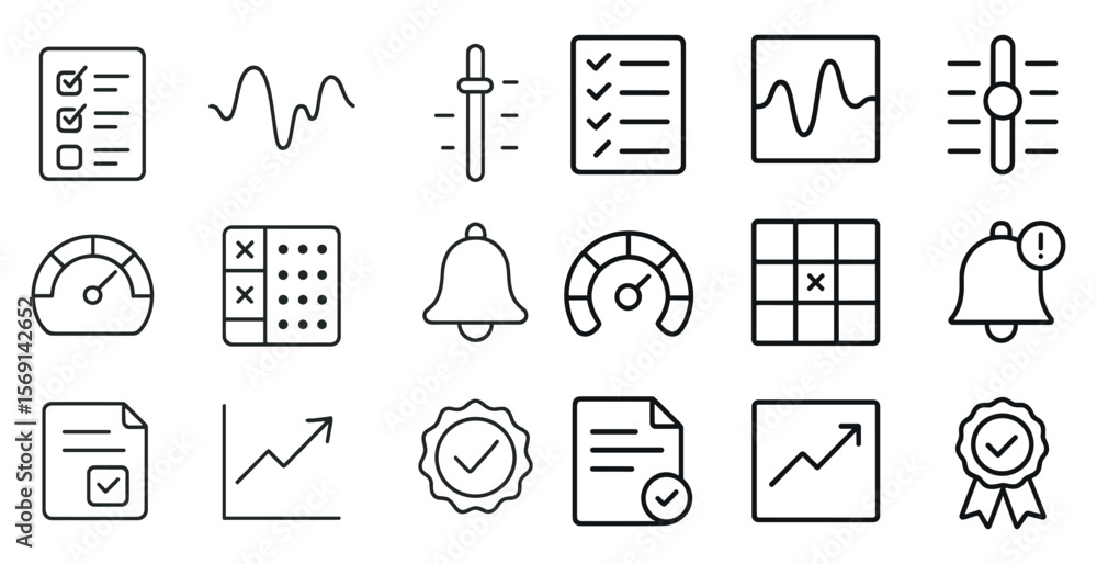 Poster set of icons for a computer program. the icons include a bell, a check mark, a speedometer, and a pa