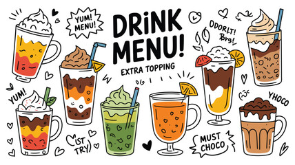 Coffee & Smoothie Doodle Art Set &ndash; Cappuccino, Boba, Orange Juice, Chocolate in Glasses &ndash; Ideal for Fun, Engaging Marketing, Branding, and Cafe Visuals.