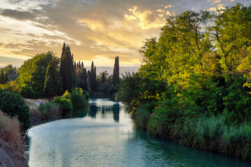 View of the Canal du Midi in Trebes, a town in the south of France