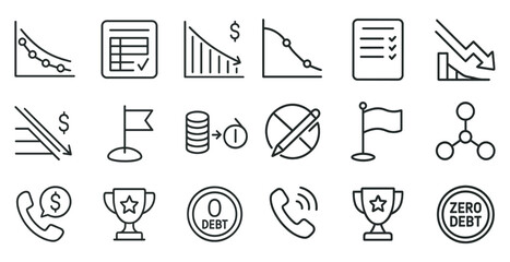 Set of icons for various financial concepts, including debt, zero debt, and a phone. The icons are all in black and white and are arranged in a grid