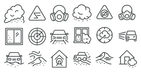 Set of icons depicting various weather conditions and safety hazards. The icons include a car, a house, a clock, a window, a house, a car, a house, a car, a house, a car, a house