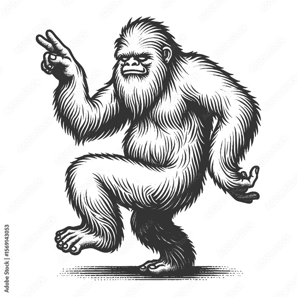 Poster dancing yeti sketch engraving generative ai fictional character raster illustration. scratch board i