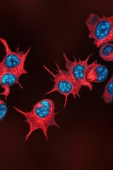 Fluorescent microscopy image of cultured cells with bright blue nuclei and vivid red cytoskeleton against a dark background, highlighting cellular structure and division.
