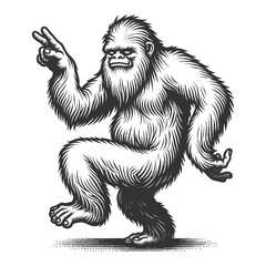 Fototapeta premium Dancing Yeti sketch engraving generative ai fictional character raster illustration. Scratch board imitation. Black and white image.