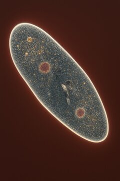 Highly detailed microscopic view of a paramecium with illuminated edges, visible internal structures and two red contractile vacuoles, illustrating unicellular anatomy and protozoan life.
