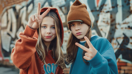 joyful Boy and Girl Posing with two fingers with  Peace Signs and Playful Attitude ,Smiling kids in stylish hoodies showing two fingers to the camera with charm, cuteness, and confidence.

