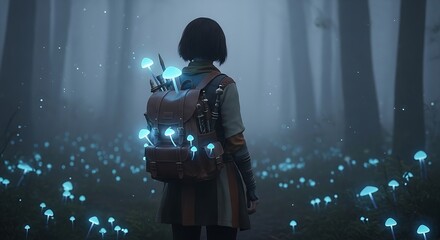 Young woman with backpack standing in mystical forest with glowing mushrooms