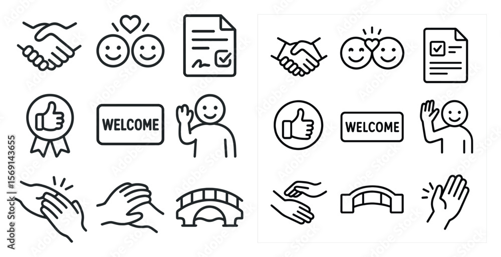 Poster set of icons that include a handshake, a thumbs up, and a smiley face. the icons are arranged in two