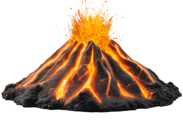 Spectacular volcano eruption with lava flow on dark background animation