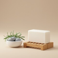 Photo of a bar of soap is displayed with rosemary and smooth stones