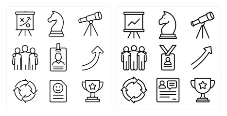 Set of icons for a business or work environment. The icons include a chess piece, a knight, a person with a smiley face, a person with a frowning face, a person with a star, a person with a trophy