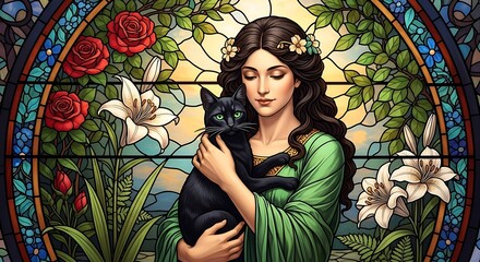 woman holding black cat in stained glass floral garden scene
